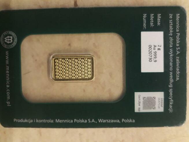 Sztabka 2g próba 999/1000 Mennica Polska