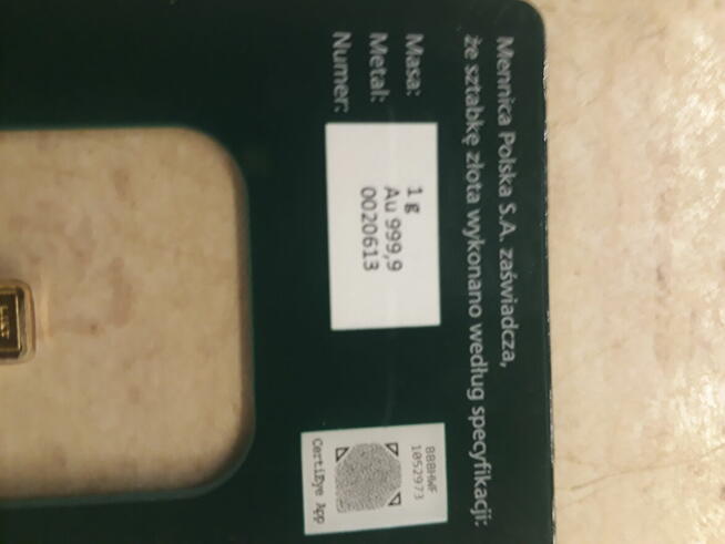 SZTABKA 1 GRAM Au (złoto) Mennica Polska