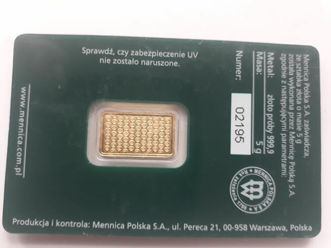 Sztabka Złota - Mennica Polska - 5 g