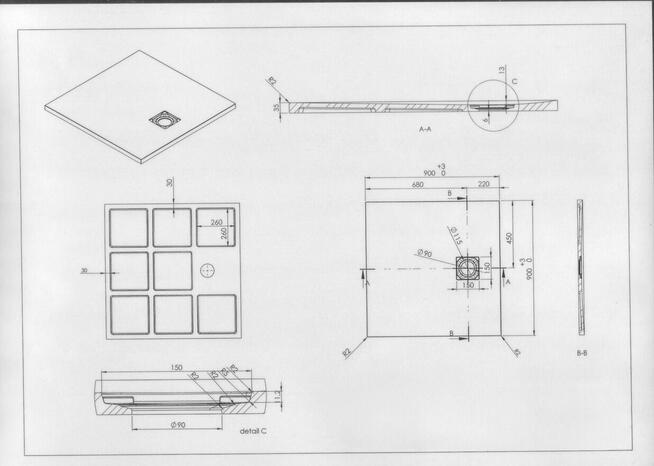 Brodzik 90x90 cm, prostokątny, marmur syntetyczny