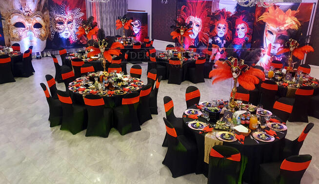 DEKORACJA TEMATYCZNA maski weneckie, pióra, venice party