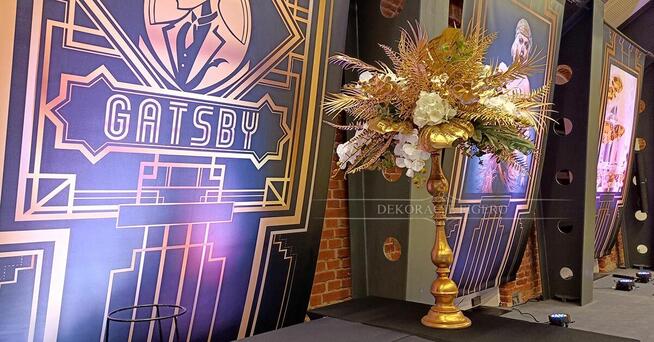 DEKORACJA Wielki Gatsby strusie pióra złote talerze bieżniki