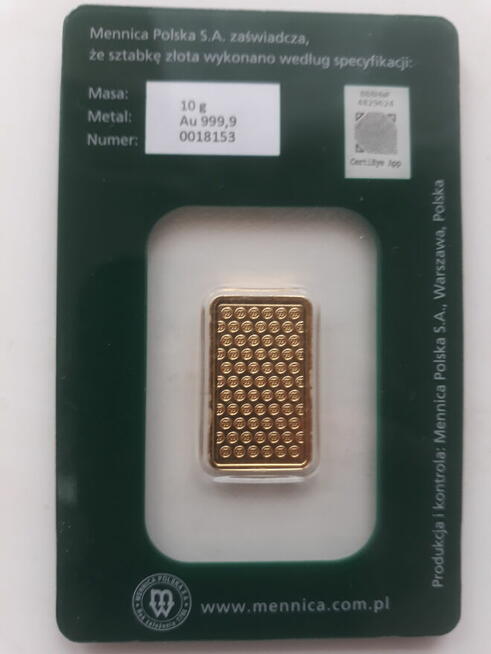 Sztabka złota 10g próba 999,9 Mennica Polska