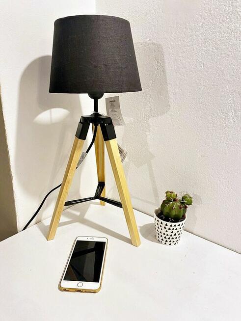 DREWNIANA lampa mini tripod, STATYW, nocna lampka