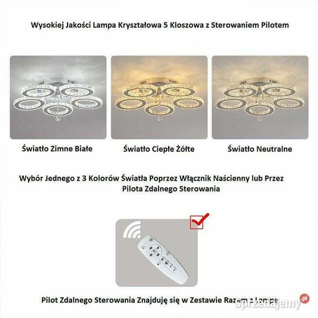 Lampa Kryształowa LED 5 Kloszowa 3 Kolory Światła + Pilot