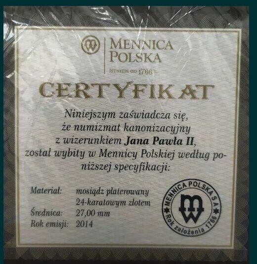 Moneta Medal Książka Jan Paweł II Złoto 24 Karat CERTYFIKAT