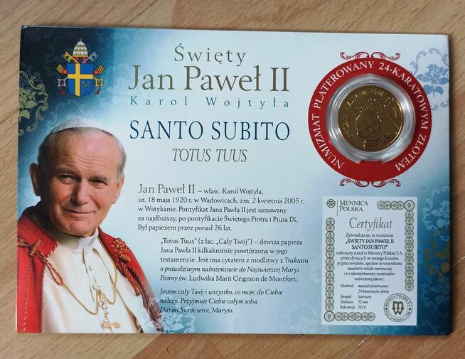 Moneta Jan Paweł II Santo Subito Złoto 24 karat CERTYFIKAT