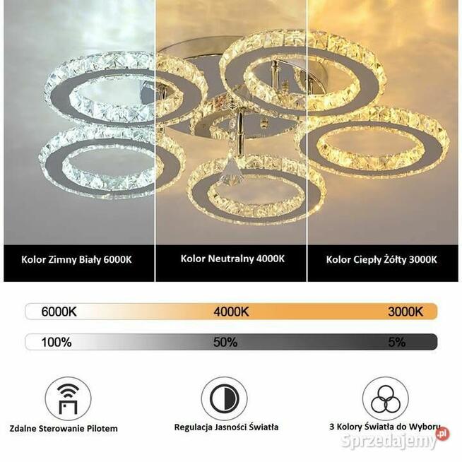 Lampa Kryształowa LED 5 Kloszowa 3 Kolory Światła + Pilot