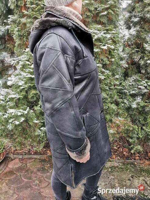 Piękny długi kożuch kurtka skórzana Parka z kapturem Rozm.L