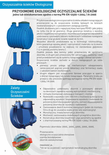 OCZYSZCZALNIA ŚCIEKÓW 2000L dla 1-4 osób DRENAŻ RURY 36m