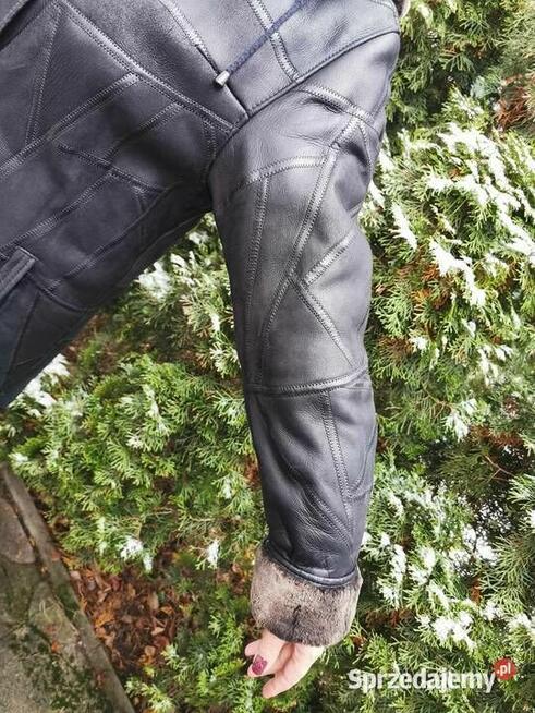 Piękny długi kożuch kurtka skórzana Parka z kapturem Rozm.L