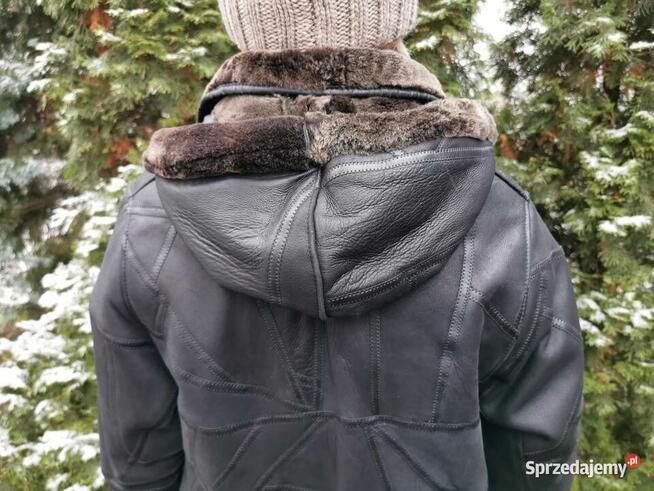 Piękny długi kożuch kurtka skórzana Parka z kapturem Rozm.L