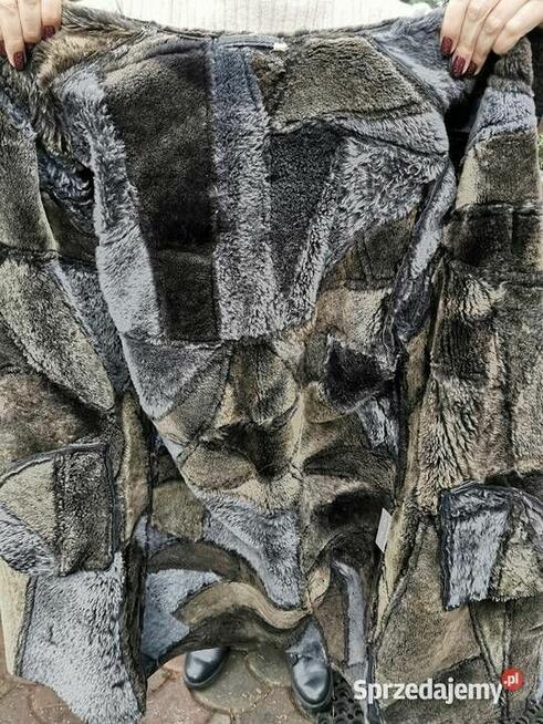 Piękny długi kożuch kurtka skórzana Parka z kapturem Rozm.L