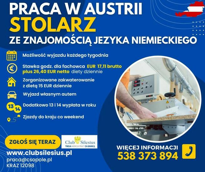 Stolarz meblowy lub budowlany-praca w Austrii z j.niem.2025