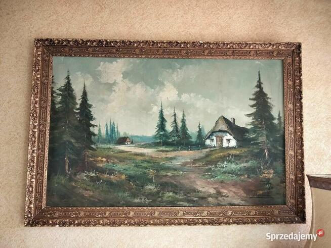 Stary ręcznie mal.Płótno, olej duży gabinetowy obraz z ramą