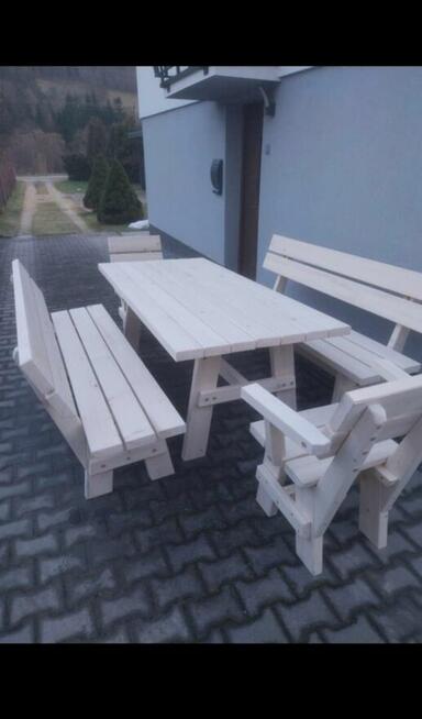 Zestaw mebli drewnianych góralskie stół ławki fotele