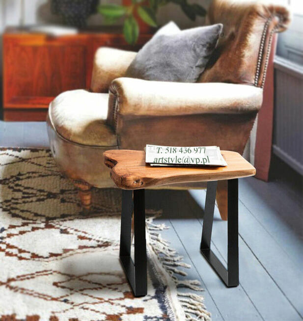 TABORET, STOŁEK dębowe siedzisko na metalowych nogach