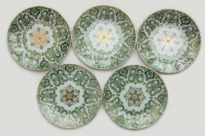 Talerze vintage deserowe zielone chińska porcelana złocenia