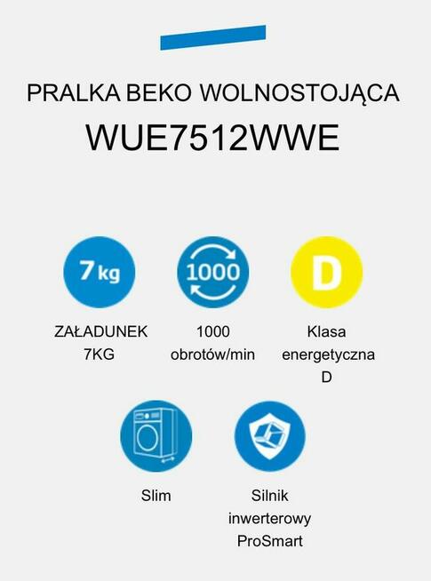 Pralka Beko WUE7512WWE 7 kg 1000 Obr jak NOWA