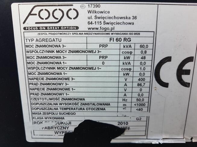 Agregat Prądotwórczy Prądu Generator Automat FOGO 60kVA 48KW