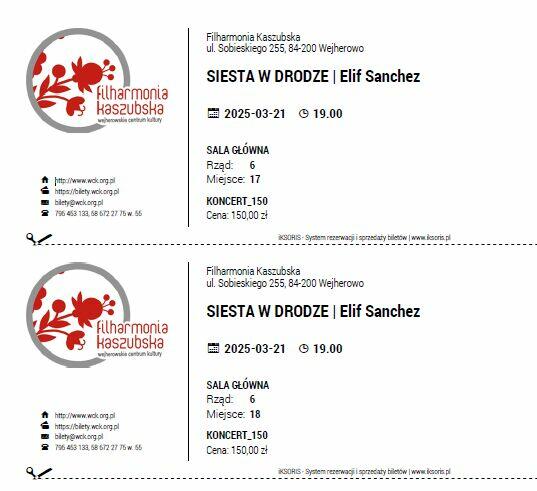 2 Bilety, SIESTA w drodze–ELIF SANCHEZ, Wejherowo, 21 marca