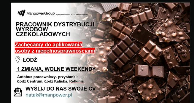 Pracownik dystrybucji czekolady (również z orzeczeniem)