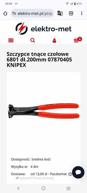 Szczypce tnące czołowe 6801 dł.200mm KNIPEX