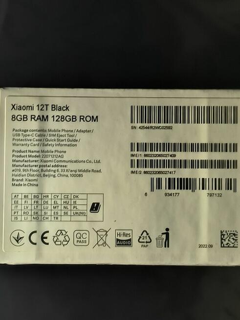 Xiaomi 12T 8/128 GB 120Hz Black