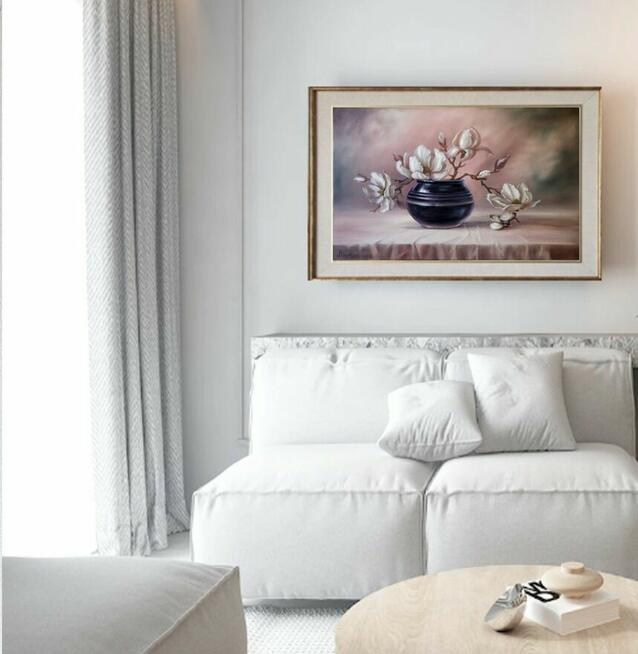 Magnolia, ręcznie malowany obraz olejny, L. Olbrycht