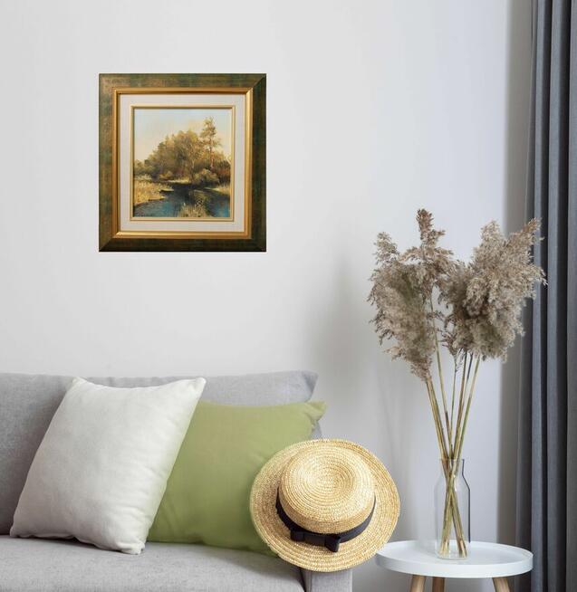 Pejzaż las rzeka obraz olejny ręcznie malowany M. Rojewski