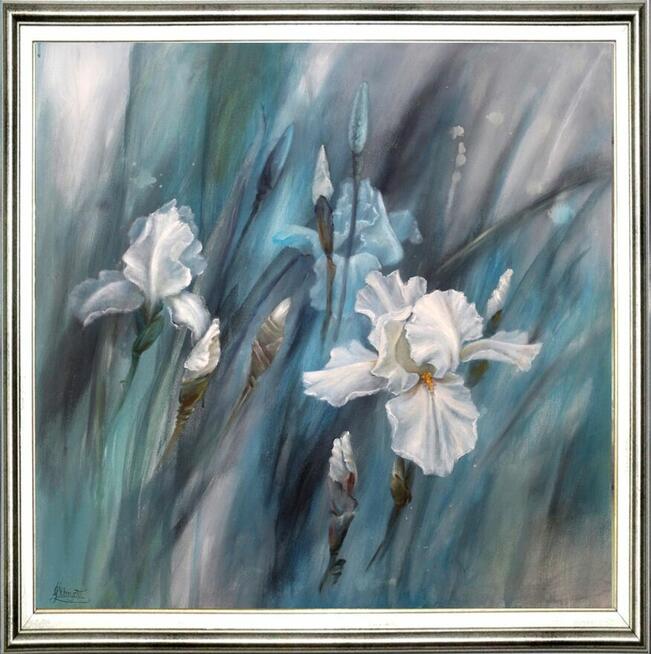 Białe Irysy, ręcznie malowany olejny, Lidia Olbrycht