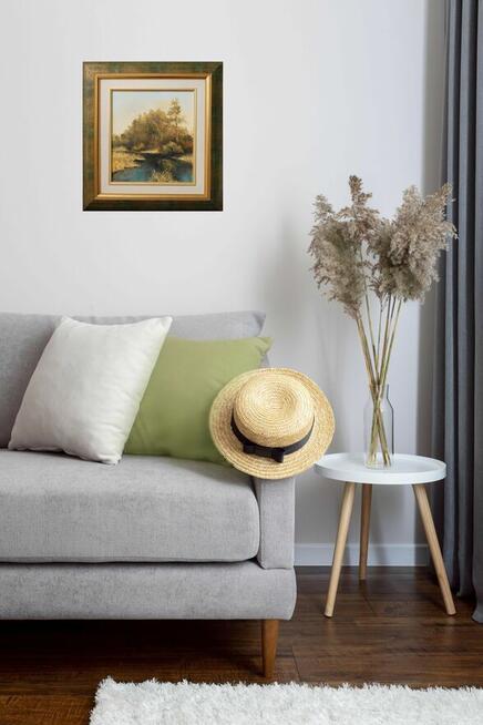 Pejzaż las rzeka obraz olejny ręcznie malowany M. Rojewski