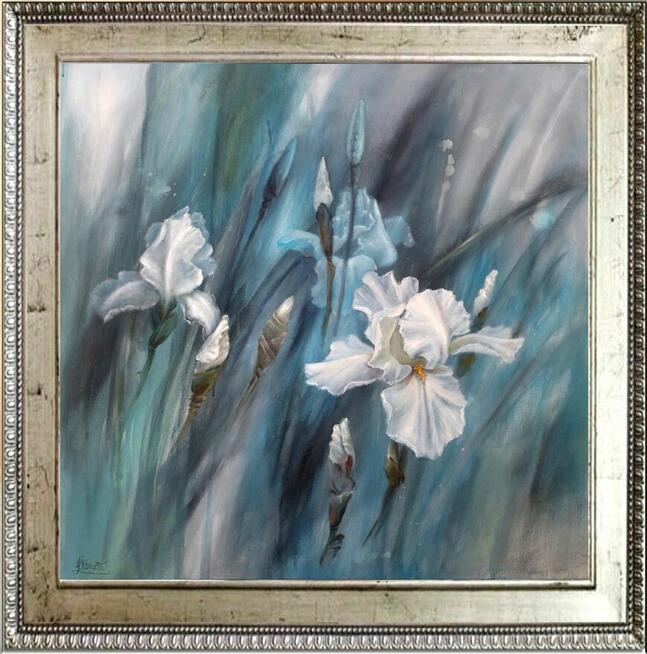 Białe Irysy, ręcznie malowany olejny, Lidia Olbrycht