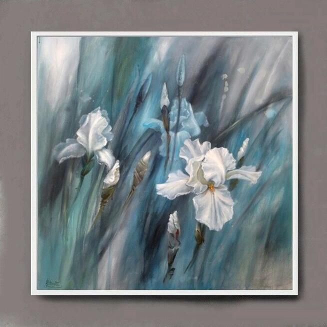 Białe Irysy, ręcznie malowany olejny, Lidia Olbrycht