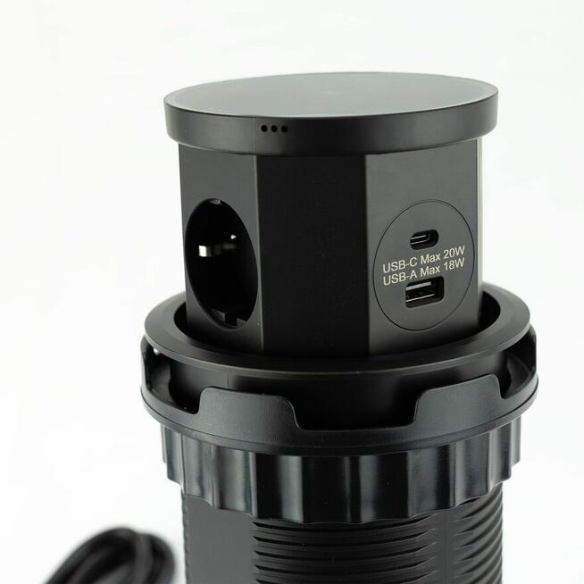 Pneumatyczne gniazdo Pop-Up z USB i ładowarką Qi
