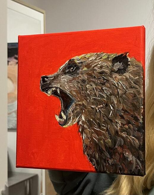 Niedźwiedź brunatny– obraz olejny na płótnie 20 × 20 cm, p