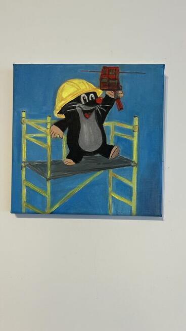 Kret budowlaniec – obraz olejny, idealny prezent, 20x20 cm