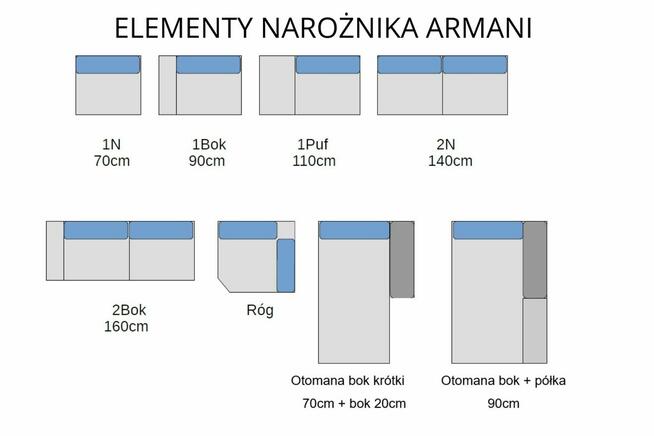 NOWOŚĆ Narożnik Armani U - wysokie nóżki, regulowane oparcia