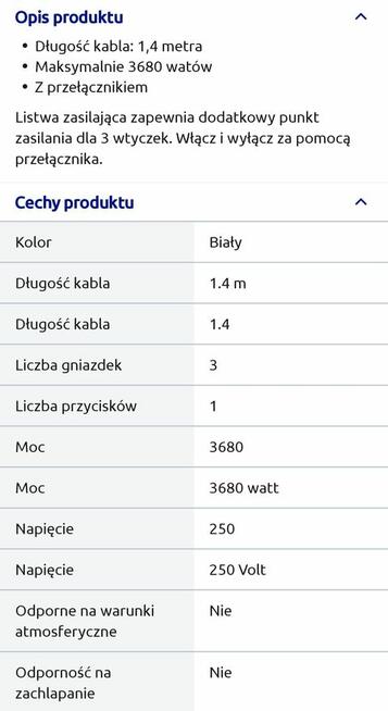 Okazja !!! Przedłużacz 3 gniazda, długość kabla 1,4 m Cena 20