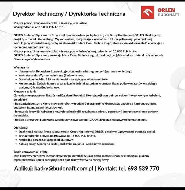 Dyrektor Techniczny (kobieta/mężczyzna)
