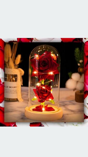 Podświetlana róża w szkle. Prezent np.Walentynki Cena 38zł