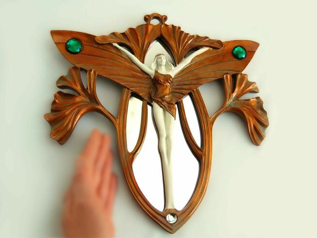 Lustro secesja, art nouveau, vintage, kobieta, motyl, liście