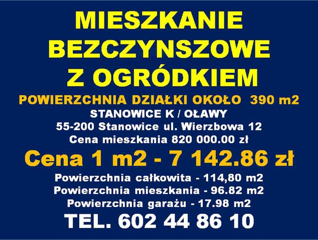 Mieszkanie z ogródkiem 4 pokoje Stanowice k/Oławy
