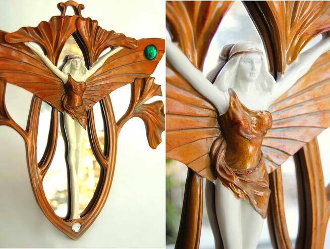 Lustro secesja, art nouveau, vintage, kobieta, motyl, liście
