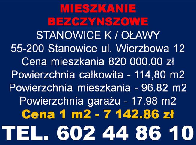Mieszkanie z ogródkiem 4 pokoje Stanowice k/Oławy