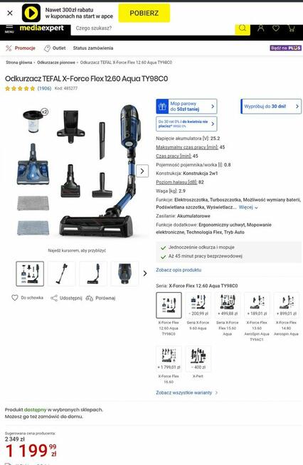 Odkurzacz bezprzewodowy pionowy, z opcją mycia podłóg