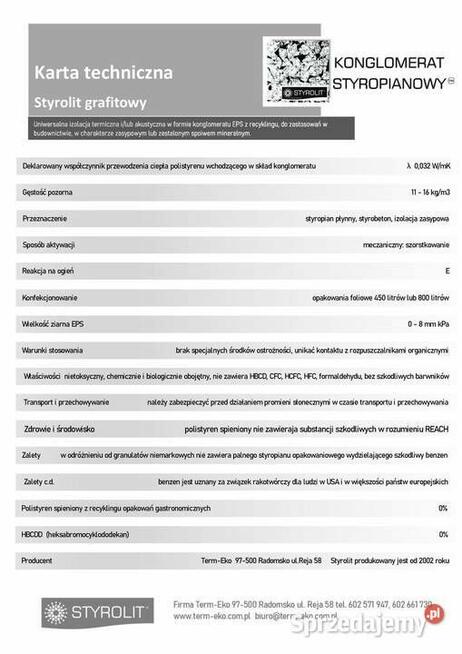 granulat styropianowy atest karta techniczna