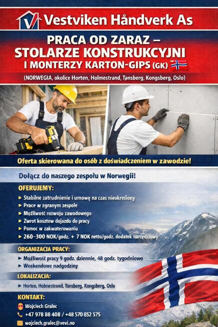 PRACA OD ZARAZ – STOLARZE KONSTRUKCYJNI I MONTERZY KARTON-GI