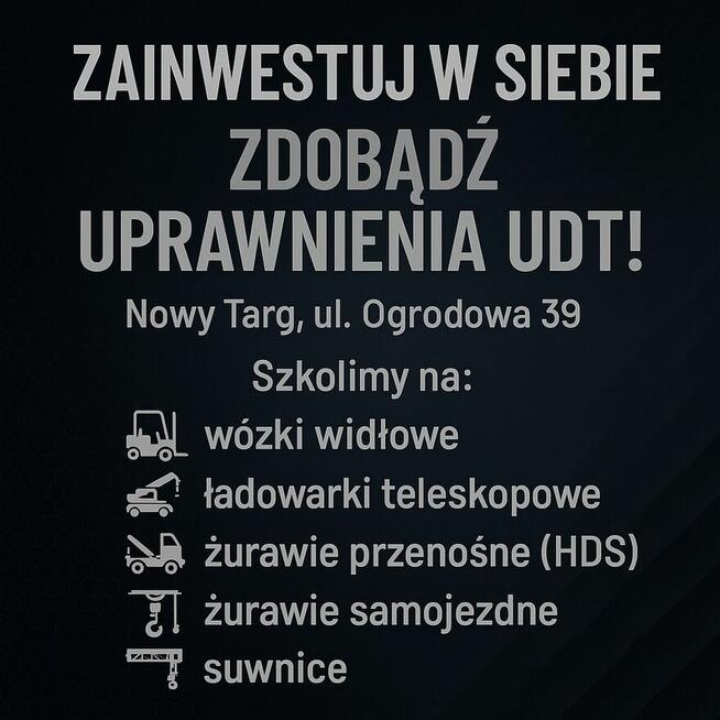 Kursy UDT – wózki widłowe, HDS, ładowarki, zwyżki, żurawie,