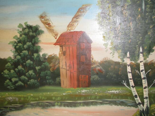 Duży, stary obraz olejny na płótnie w ramie 57x105 Wiatrak